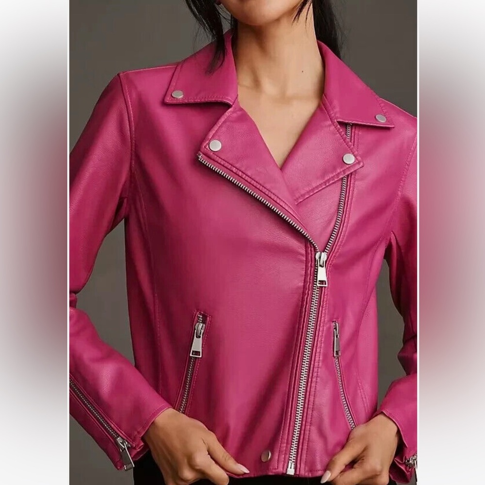 Amazing Anthropologie rare NWT Sz XS lined Raspberry Faux Leather Moto jacket